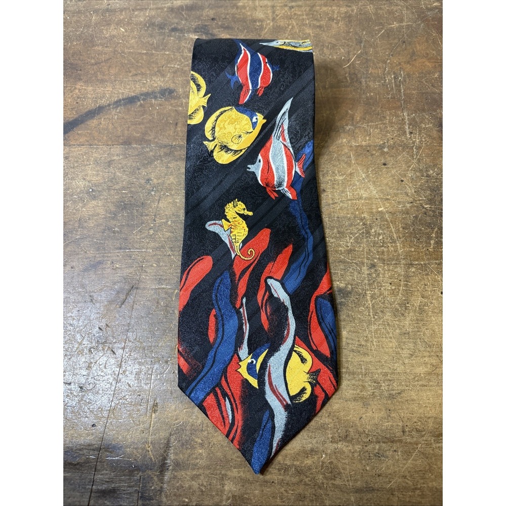 Men's Vtg Neck Tie Ocean Coral Fish Sea Horses Nautical Black - Florence